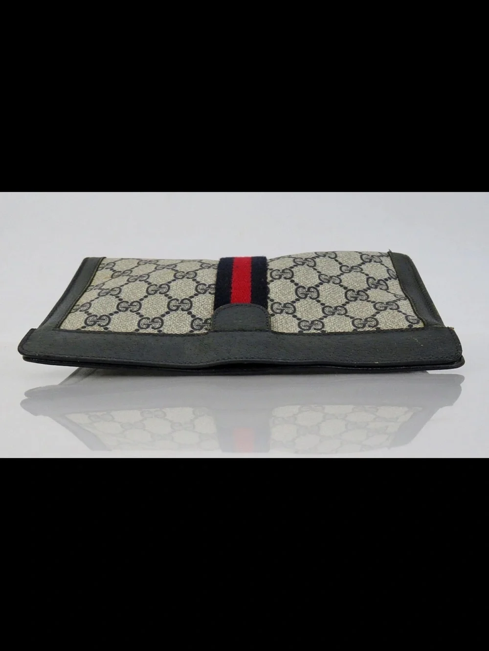 Gucci Beige GG Canvas Clutch with Black Trim and Red/Navy Web Stripe
